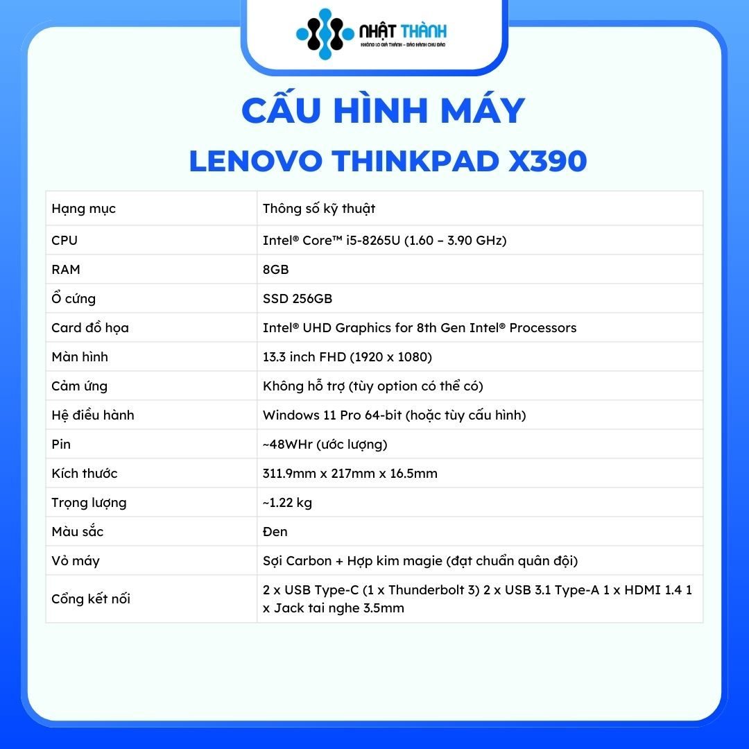 Lenovo ThinkPad X390/ Core i5 8265U/ Ram 8GB/ SSD 256GB/Màn hình 13.3 inch FHD (1920 x 1080)
