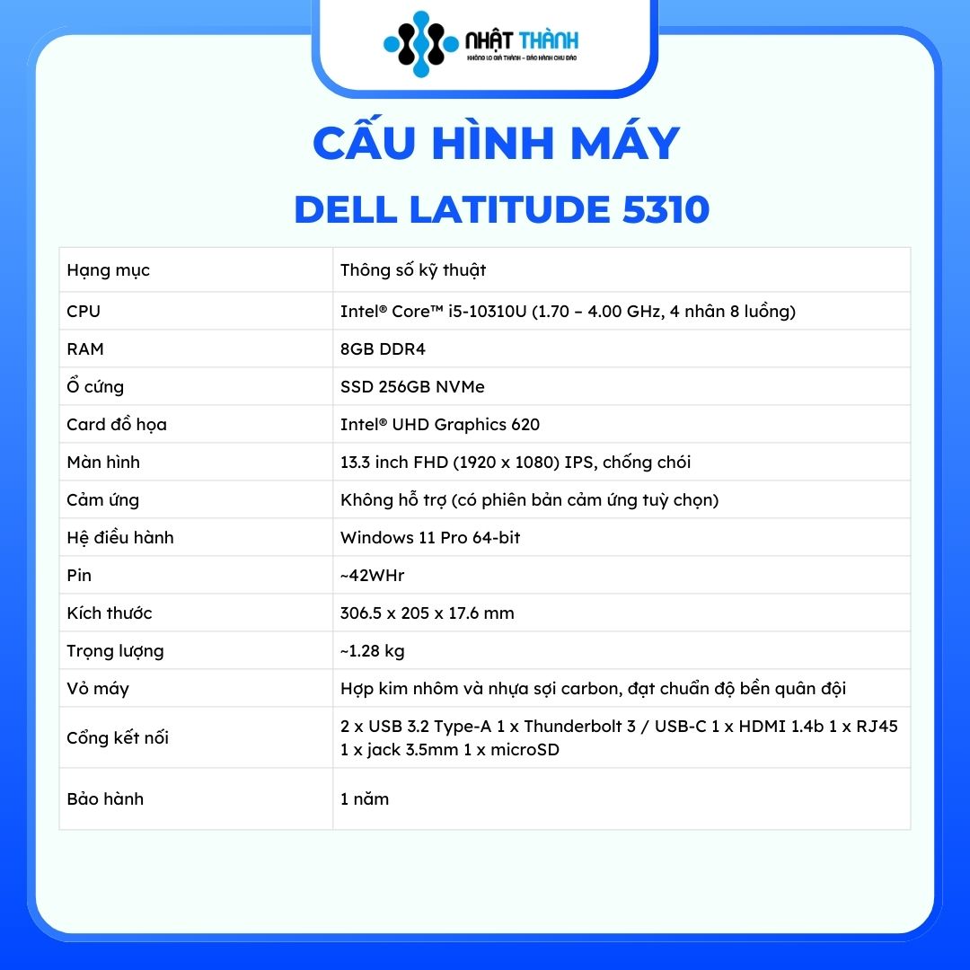 DELL Latitude 5310/Core i5 10310U/ Ram 8GB/ SSD 256GB /13.3 inch FHD