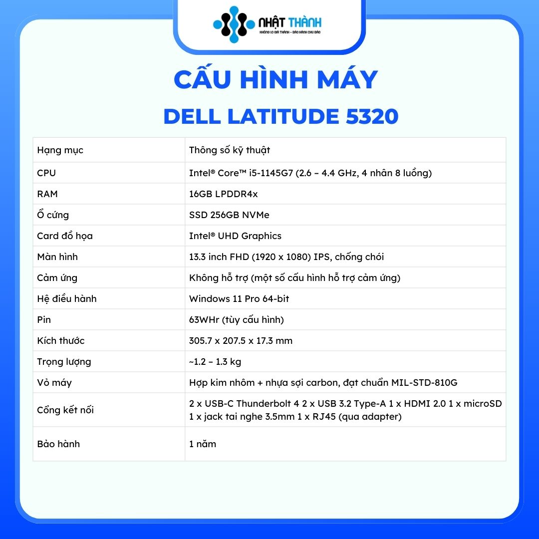 Dell Latitude 5320/ Intel Core i5 1145G7/ Ram 16GB/ SSD 256GB/ Màn hình 13.3 inch FHD (1920 x 1080) IPS