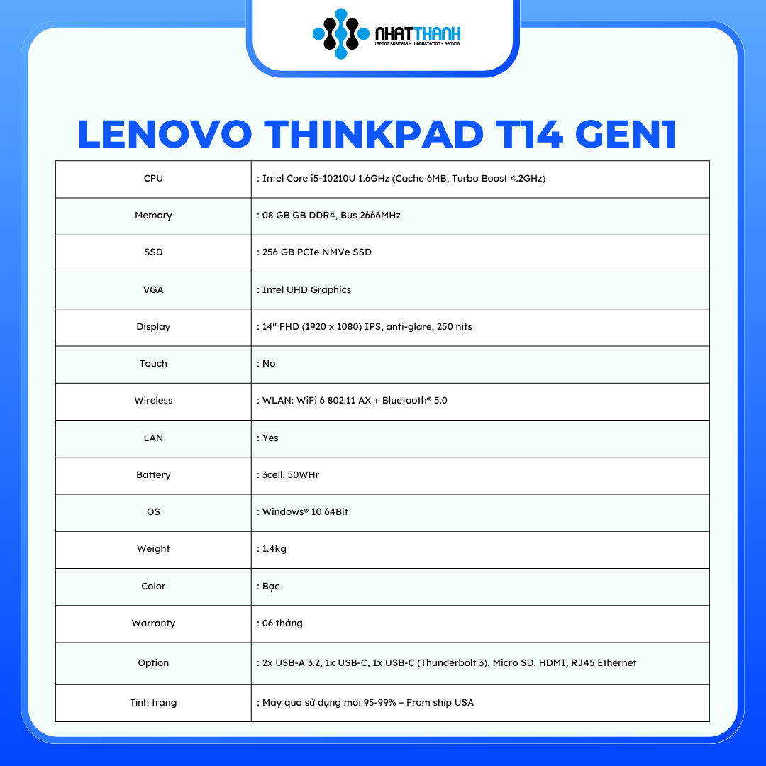 ThinkPad T14 Gen1/Core i5-10310U/Ram 8GB/SSD 256GB FHD 14 inch