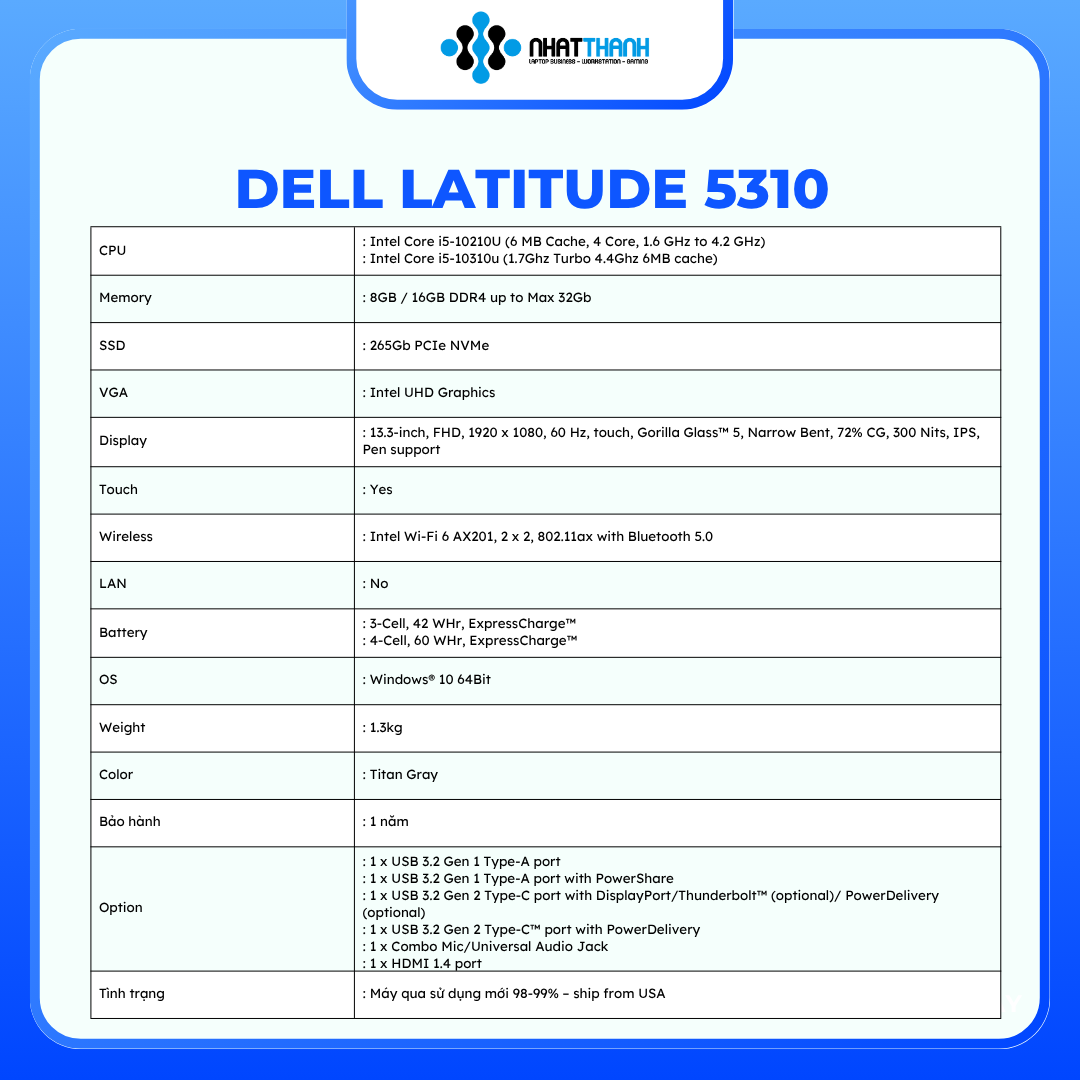 DELL Latitude 5310/Core i5 10310U/ Ram 8GB/ SSD 256GB /13.3 inch FHD