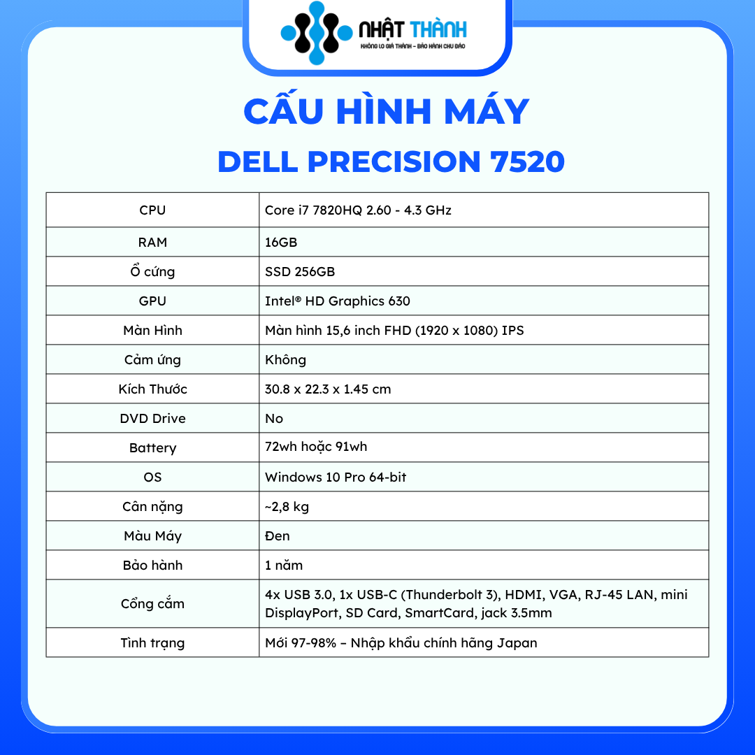 DELL Precision 7520/Core i7/RAM 16GB/SSD 256GB/ Full HD