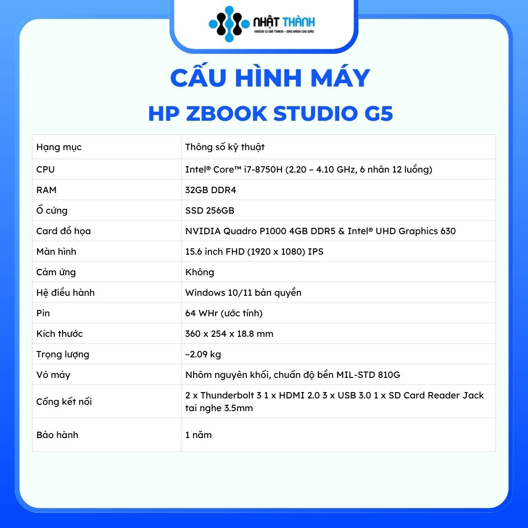 HP Zbook Studio G5 Core i7 8750H/ RAM 32GB / SSD 512GB/ Màn hình 15,6 inch FHD