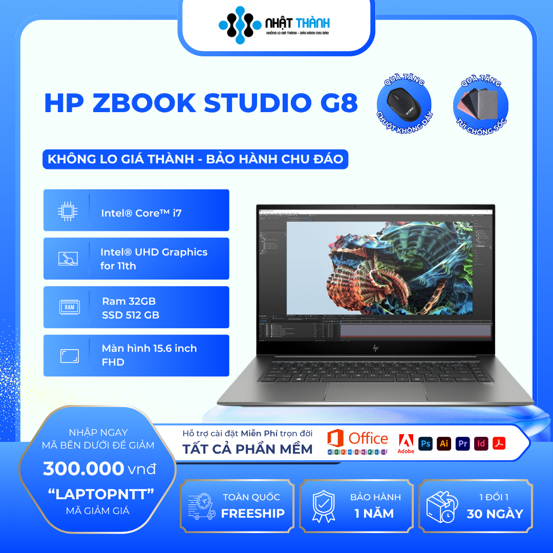 HP Zbook Studio G8 Intel Core i7 11800H 2.30 – 4.6 GHz/ Ram 32GB/ SSD 512GB Nvme/ Đồ họa NVIDIA Quadro T1200 4GB DDR6 & Intel® UHD Graphics for 11th Gen Intel® Processors / Màn hình 15.6 inch FHD (1920 x 1080) IPS