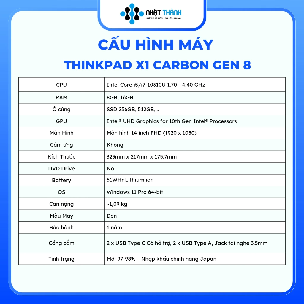 LENOVO ThinkPad X1 Carbon Gen 8 /Core i5-10310U 1.70 – 4.40 GHz/8GB/SSD 256GB//14 inch FHD (1920 x 1080)